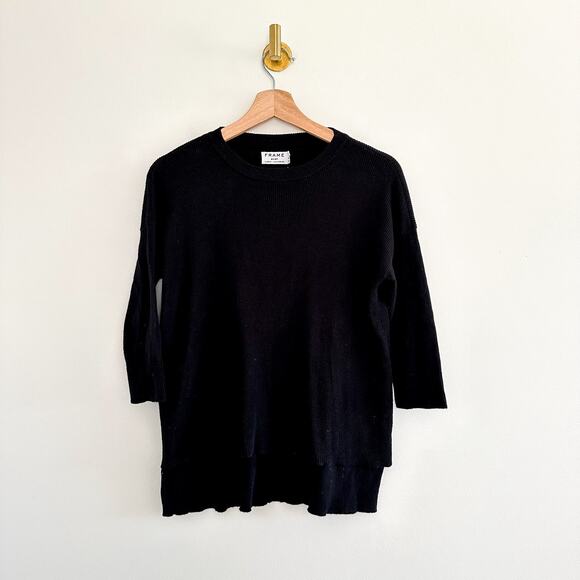FRAME Cashmere-Silk Blend Ribbed Knit 3/4 Sleeve Sweater Black XS - Picture 1 of 8